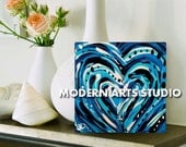 CANVAS WALL ART Modern Art, Original Blue White Romantic Love Painting, Heart Painting, Wedding Present Engagement Gift