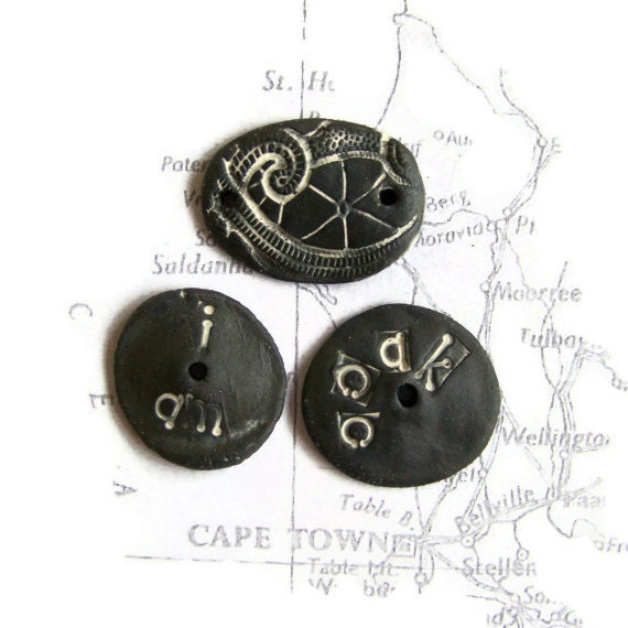 OOAK Ceramic Jewellery Components, Black White, Textured Black Earththenware, 3 pcs