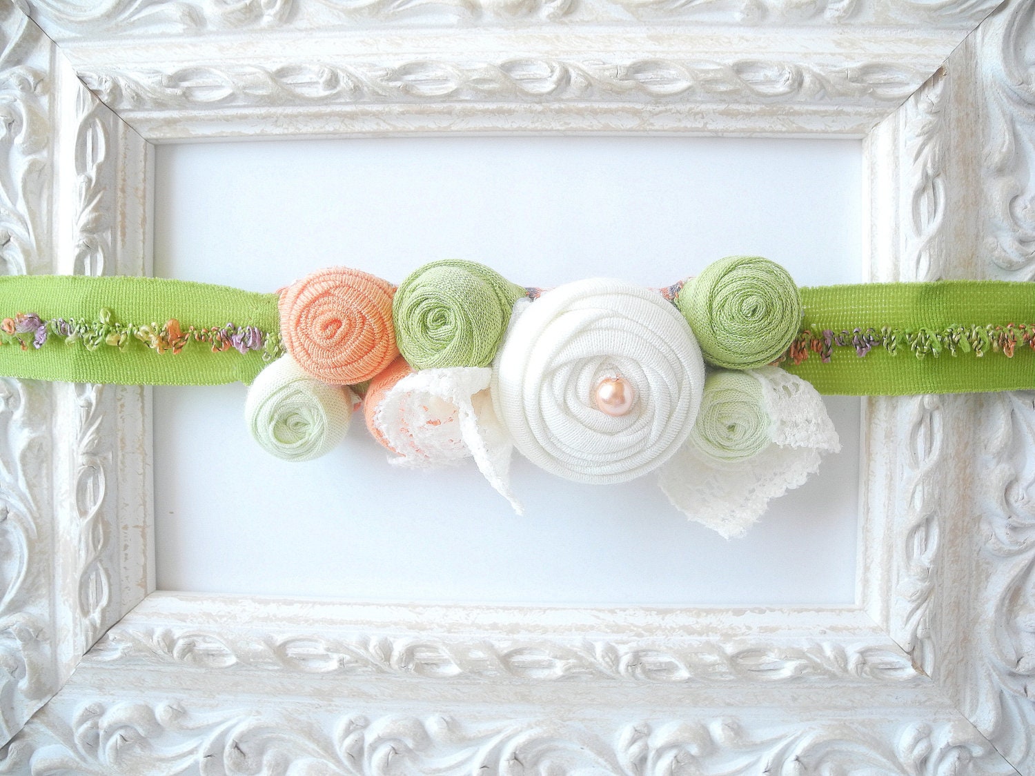Baby headband peach green fabric flowers newborn baby girl - handmade - ready to ship