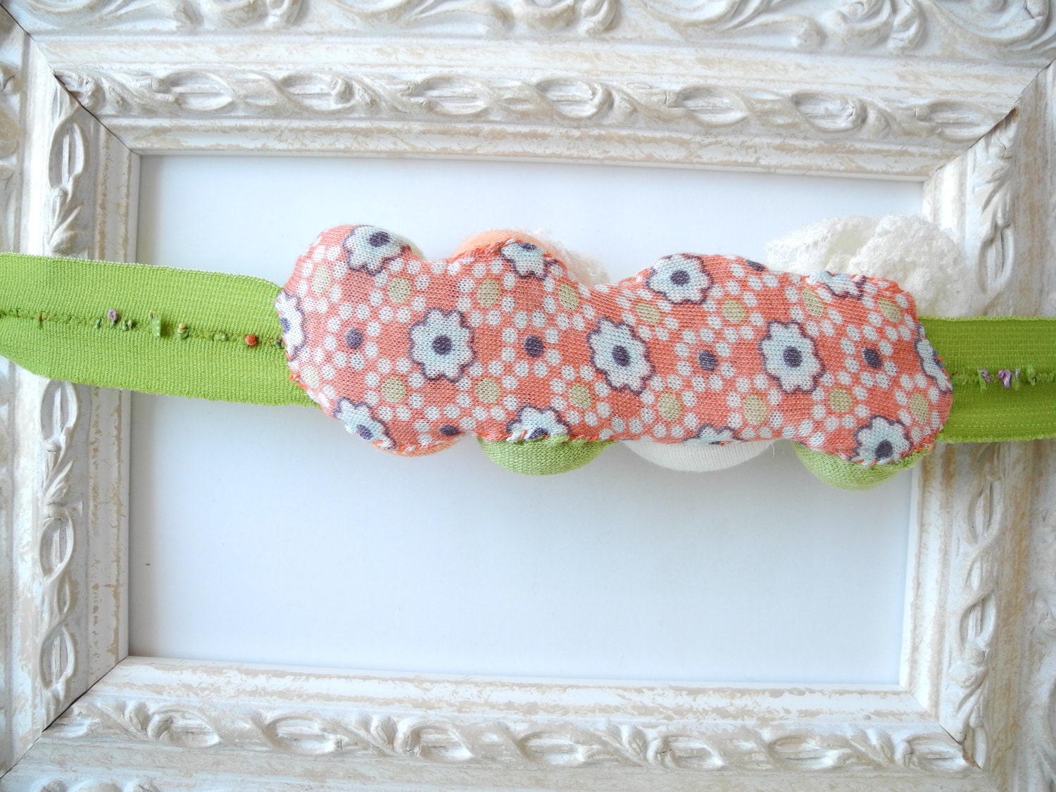 Baby headband peach green fabric flowers newborn baby girl - handmade - ready to ship