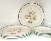 Vintage 1970s Daisy Stoneware, 8-pc, Brown and Tan Flowers, Plates and Saucers
