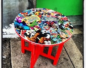 Revintaged Comic Book Side Table.  Featuring Batman, Spiderman, The Avengers, Superman, The X-Men, and more Marvel and DC.