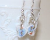 Teeny porcelain heart button drop earrings with blue design and sterling silver findings
