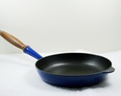 Rare Cousances Blue Enamel Coated Cast Iron Skillet with Wood and Metal Hook Handle