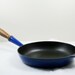 Rare Cousances Blue Enamel Coated Cast Iron Skillet with Wood and Metal Hook Handle
