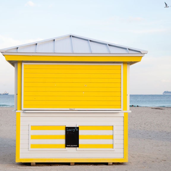 Beach Hut Photo, Ocean, Sand, Miami, South Beach Florida - Beach Hut Yellow - 8x8 fine art photograph
