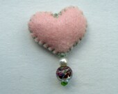 Pink Felt Heart Pin  pink felt pin with glass beads hand sewn free shipping