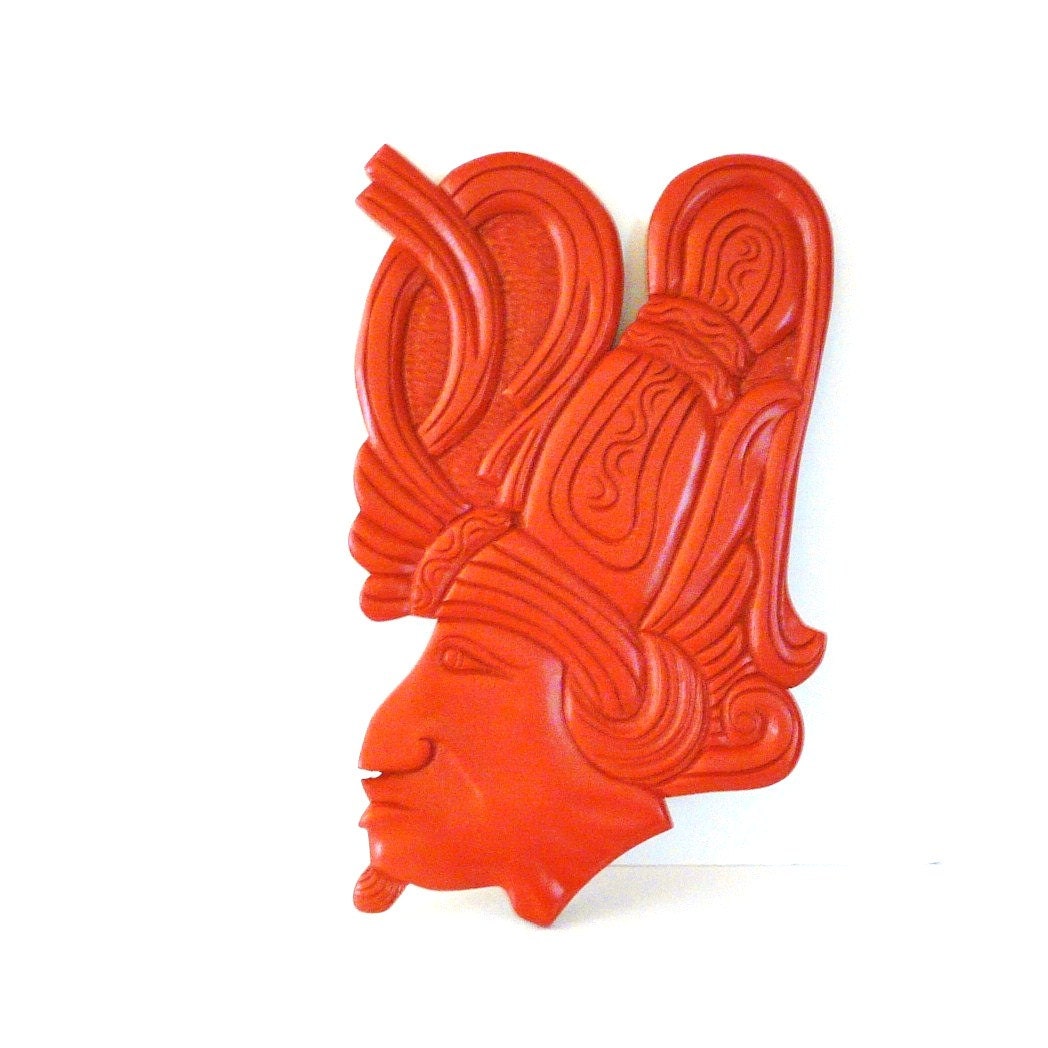 tribal head wall hanging  //  upcycled wood decor, tangerine, red orange, pumpkin  //  wood carving, natural, indian, deep color