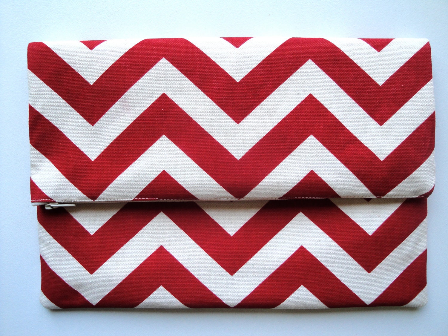 Chevron Clutch, Oversized Women's Fold-Over Clutch, Oversized Wallet, Women's Bag, Red and Bone with Zipper Closure
