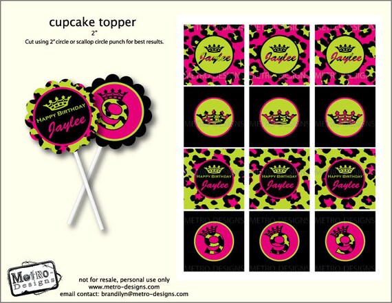Lime Green & Pink Leopard Cupcake Toppers, Tags, Favors Digital File, Metro Events / Metro-Designs Il_570xn