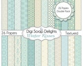 Winter Kiss Digital Scrapbook  Papers in Blue, Instant Download for Winter or Christmas Themes, DOUBLE Pack