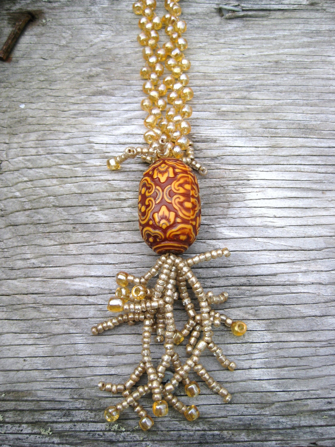 Golden Choker Necklace, Bead Weaving, Woven Pendant with Gold, Orange, Brown