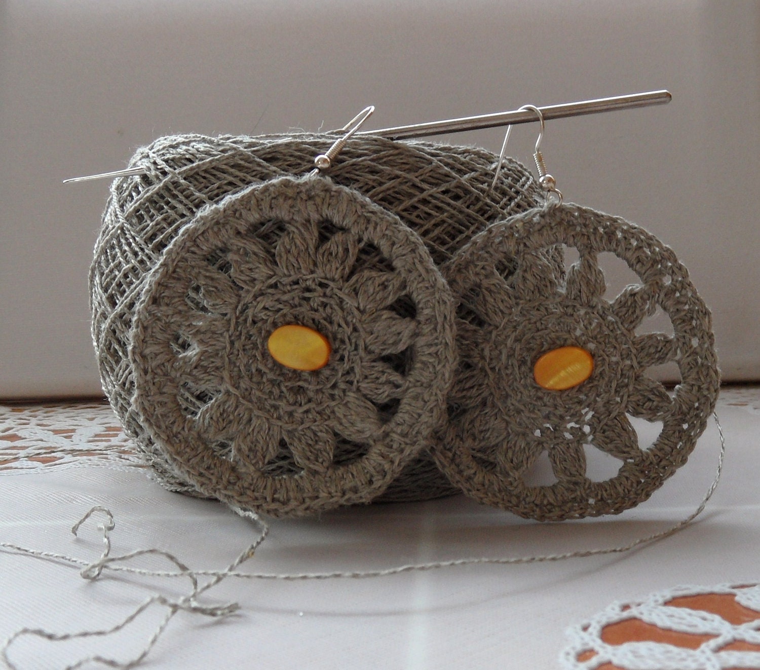 Crochet Earrings - Natural Linen Celtic Sun Earrings