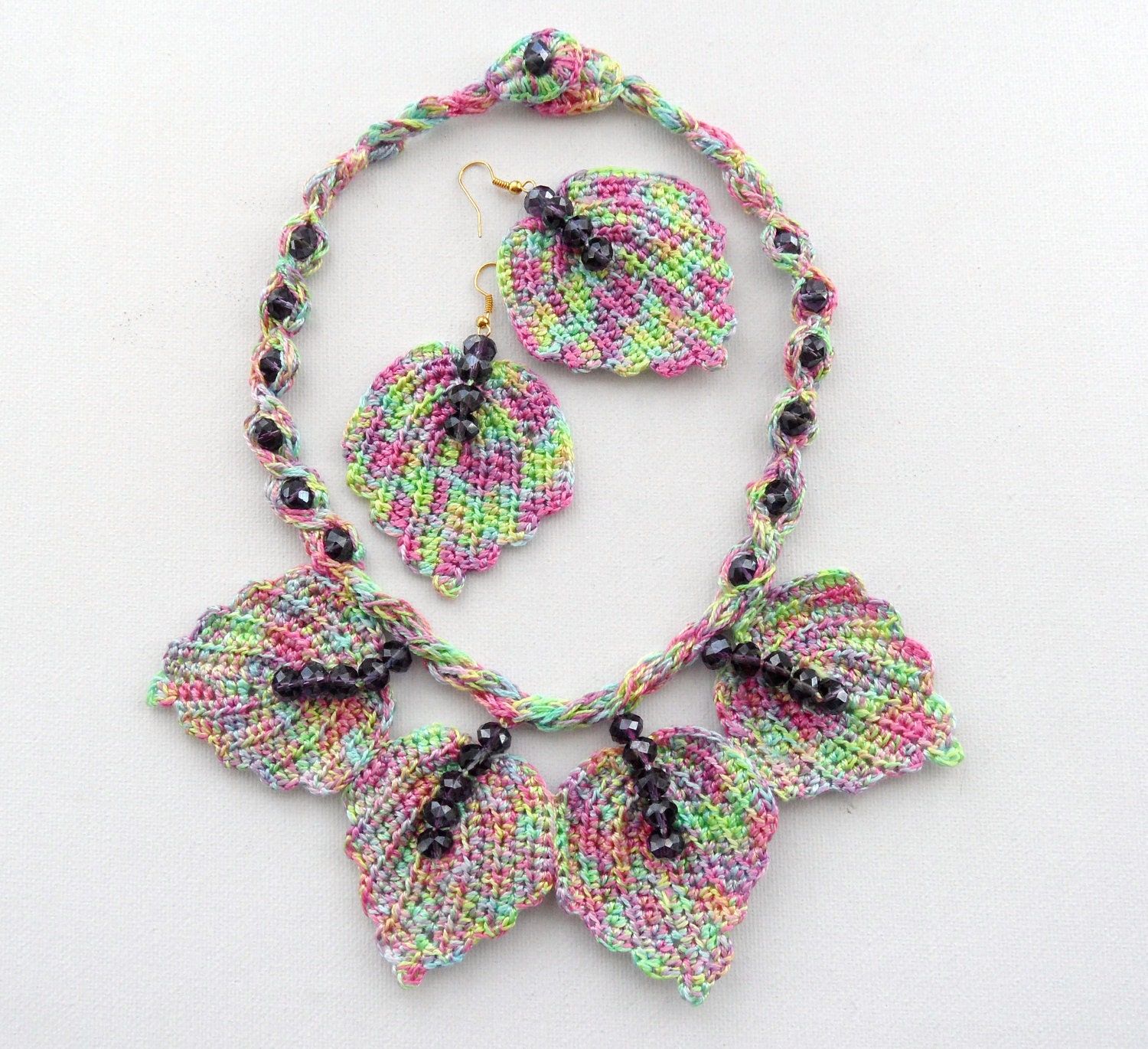 Crochet Necklace and Earrings Leaves Set