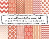 coral digital paper, peach pink orange patterns, mod modern photography backgrounds, chevron quatrefoil, instant download  399