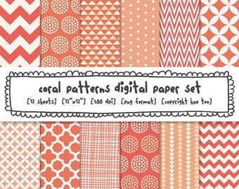 coral digital paper, peach pink orange patterns, mod modern photography backgrounds, chevron quatrefoil, instant download  399