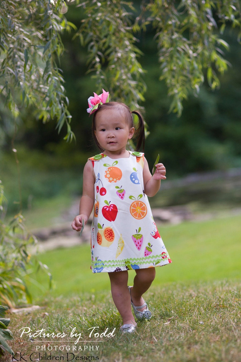 Tutti Fruity - Fall Winter Girls Aline Dress - Medium Weight Cotton - Children Autumn Clothing - Fruits - KK Children Designs - 3M to 4T