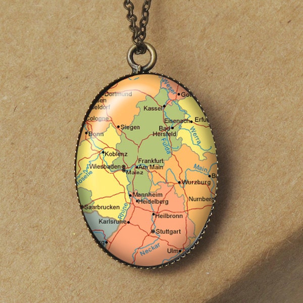 Frankfurt Map Pendant Necklace, Germany Necklace, Germany Map Jewelry, German Map Necklace, World Traveler Gift, Travel Necklace N426