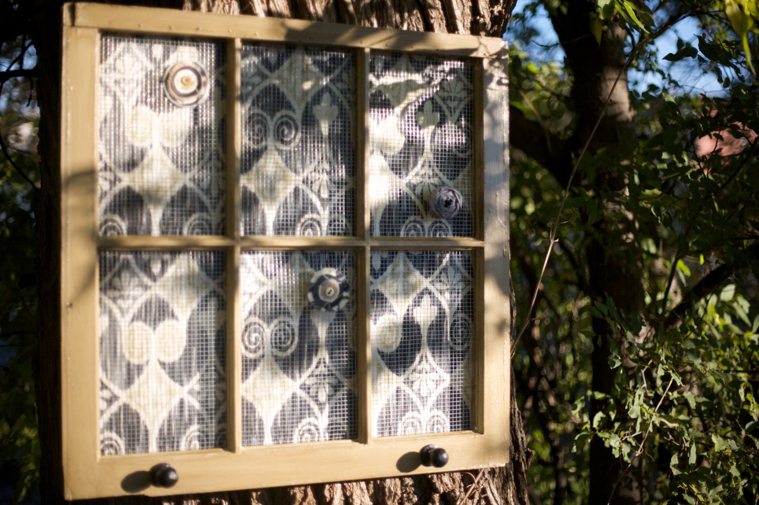 Green six pane window with ikat fabric custom jewelry holder-28 x 28 x 2.5