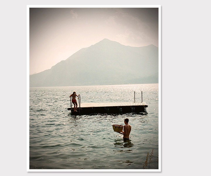 Couple Swimming in Lake Como-Romance on the Water-Varenna Italy-Picnic on an island-Fine art Photography-Wall art-8x10