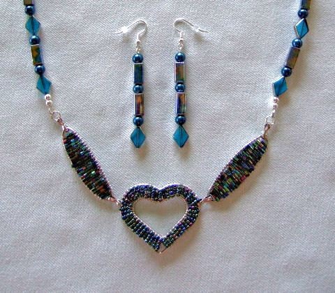 Statement Necklace, Beaded Glass Heart Pendant, Wire Work, Drop Earrings, Unique, OOAK