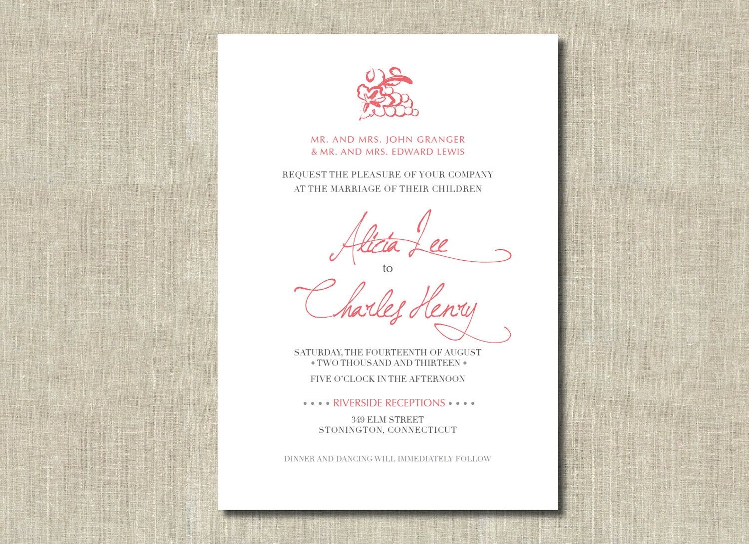 Whimsial Printable invitation - Coral Pink Printable Wedding Invitation - Wedding, Vow renewal, Birthday - Customized Colors