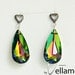 Stud earrings, filigree with marcasite and large teardrop Swarovski crystals, Vitrail, green, rainbow color