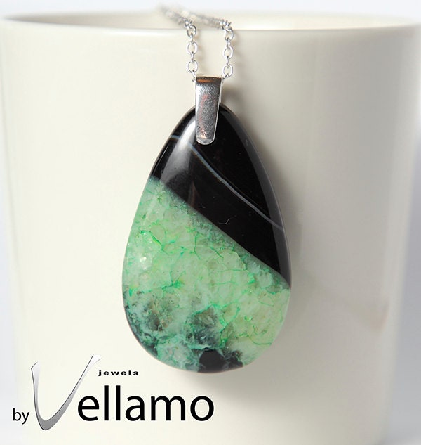 Beautiful large black and green druzy agate pendant with crackles, sterling silver and sterling silver necklace