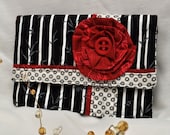 Women's Handmade Black, White and Red Cotton Fabric Clutch Wallet with Flower and Button Embelishments