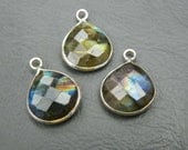92.50  Sterling Silver - Framed Blue Flashy Labradorite Faceted Heart Shape Stone-Earrings Pendant Size 21mm. Great Item