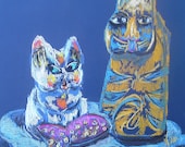 Original Quirky Cat Still Life Pastel Painting by Niki Hilsabeck The Unfortunate Fish