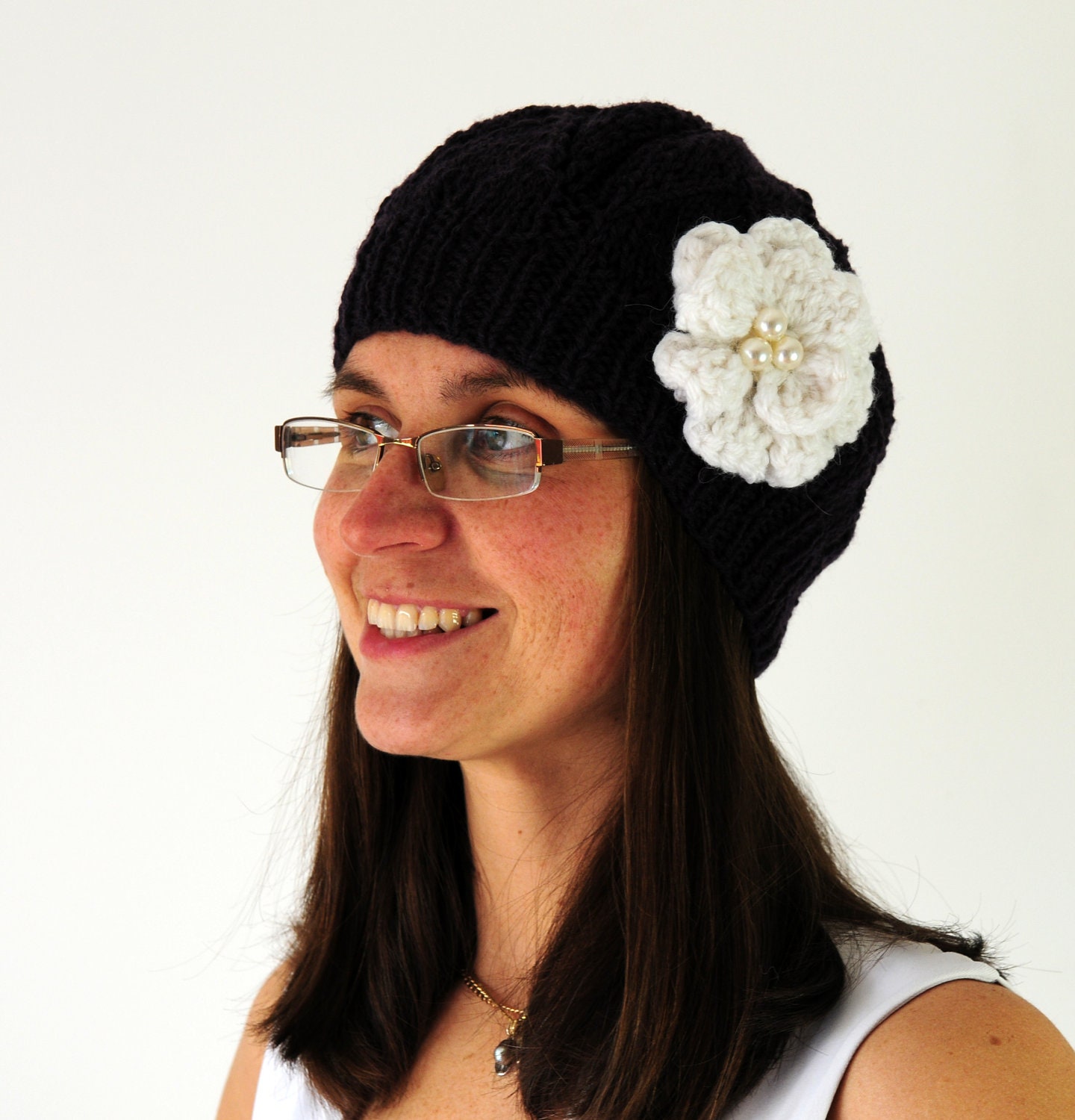 Purple Hand Knit Hat with White Crocheted Flower, Spring Accessories, Gift for Her, Handmade by PrincesaAnastasia