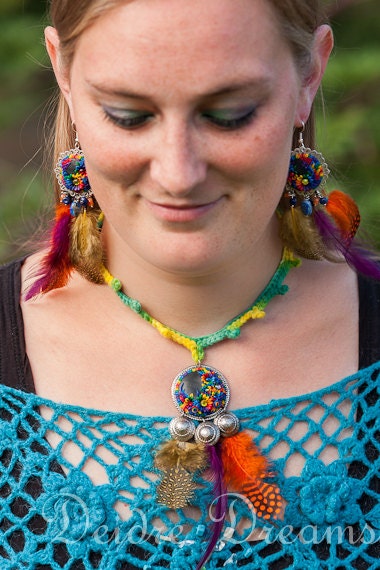 Tribal Rainbow Earrings Yarn Necklace - Feather Jewelry - Polymer Clay Flowers - Hippie Boho Tribal Gypsy Chic Jewelry - Fiber Jewelry Set