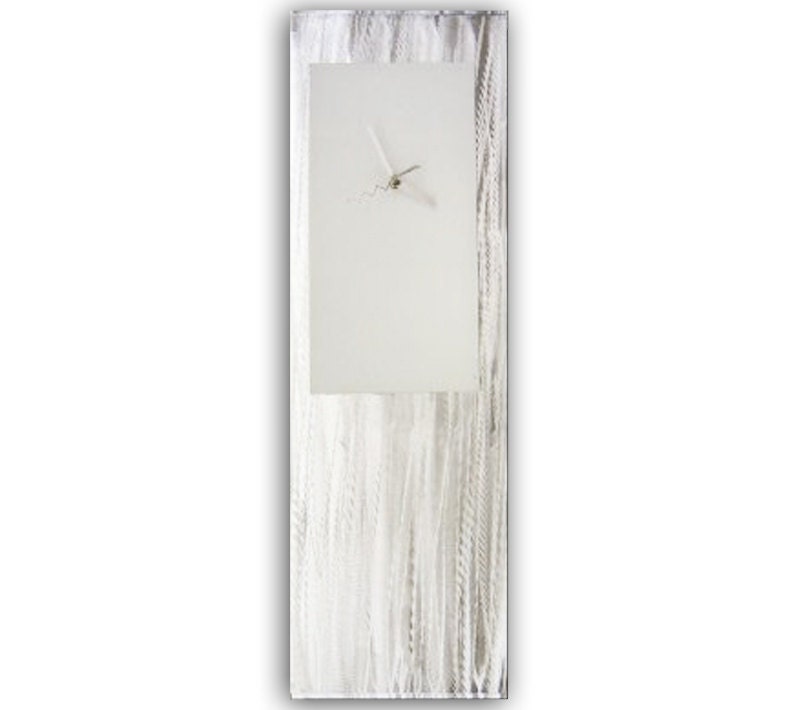 Modern Wall Clock Artwork 'White Metal' - 24x12 in. - Silver Wall Decor w/ White Color Painted Design - Modern Metal Sculpture