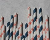 200 Paper Straws, Coral Dot & Navy Stripe Mix Il_170x135