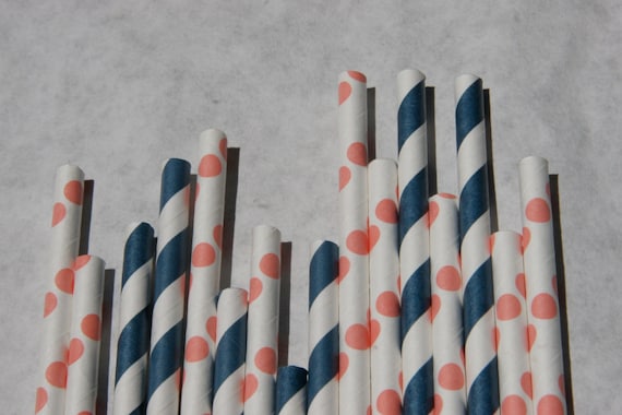 200 Paper Straws, Coral Dot & Navy Stripe Mix Il_570xn