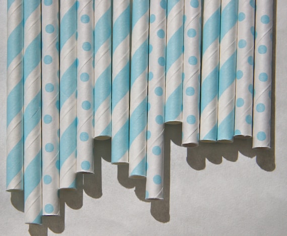 Baby Blue Paper Straws, 50 Pack, Light Blue Stripes and Light Blue Mini Polka Dots, Baby Shower Straws Il_570xn