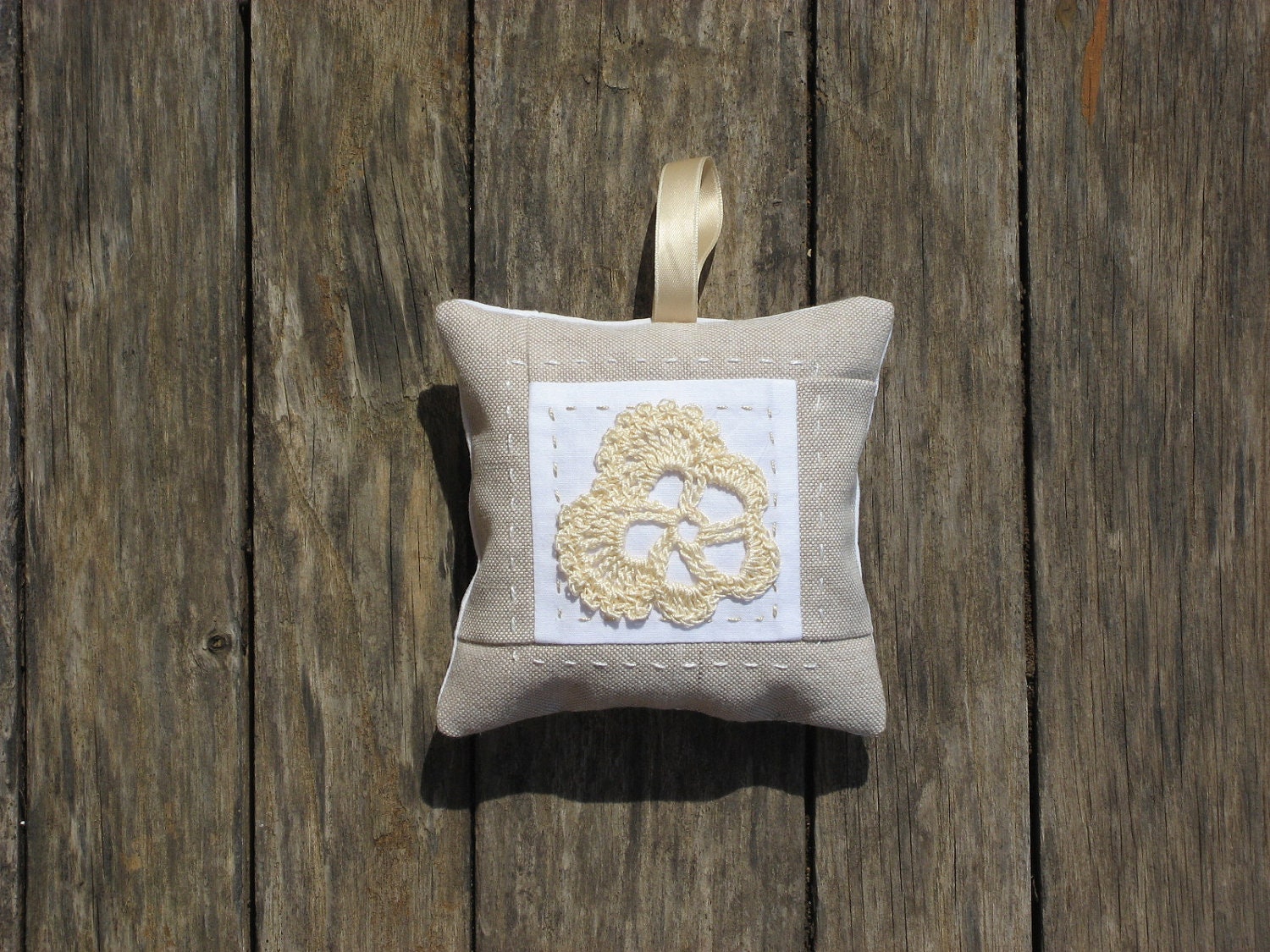 Lavender Sachet with crochet flower and embroidery in beige, white and cream