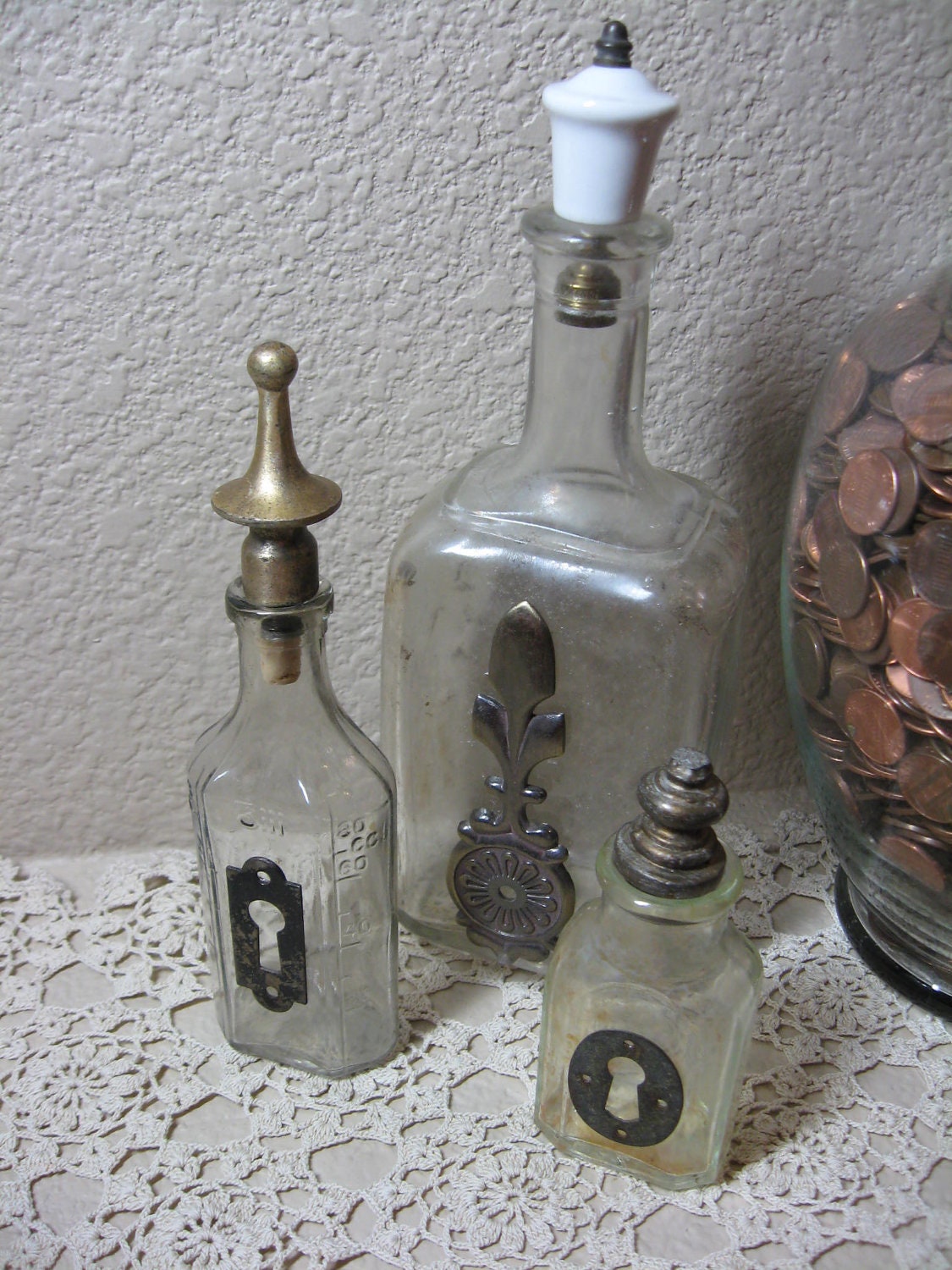 Upcycled Vintage Medicine Bottles Flask Shabby Rustic Collection Brass Stoppers