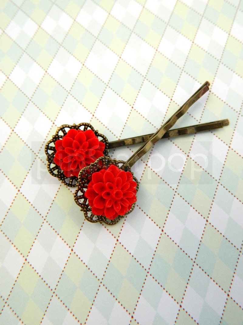 Vintage Bronze filigree hair clip (2 Clips)  Tango Red Dahlia Cabochon - NeoClassical Mod Hair Accessories Great for favors and gifting