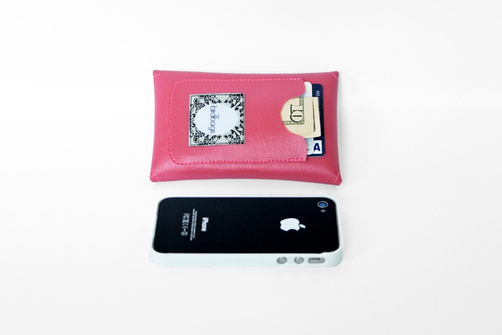 iPhone Case Pink - Envelope Card Wallet - Vegan Leather with Neon Pink Stitching - Birdbags "Birds Nest"