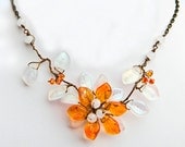 Orange Flower Necklace, Bib Necklace, Chunky Necklace, Summer Jewelry
