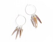 Sterling & Pearl Dangle Earrings / tribal hoop earrings / .925 silver wire-wrapped mother of pearl spike fringe / neutral iridescent