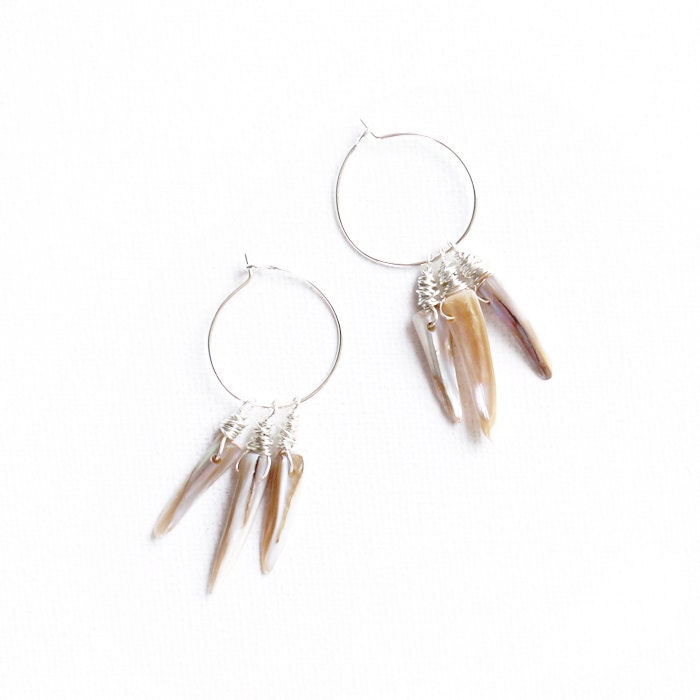 Sterling & Pearl Dangle Earrings / tribal hoop earrings / .925 silver wire-wrapped mother of pearl spike fringe / neutral iridescent
