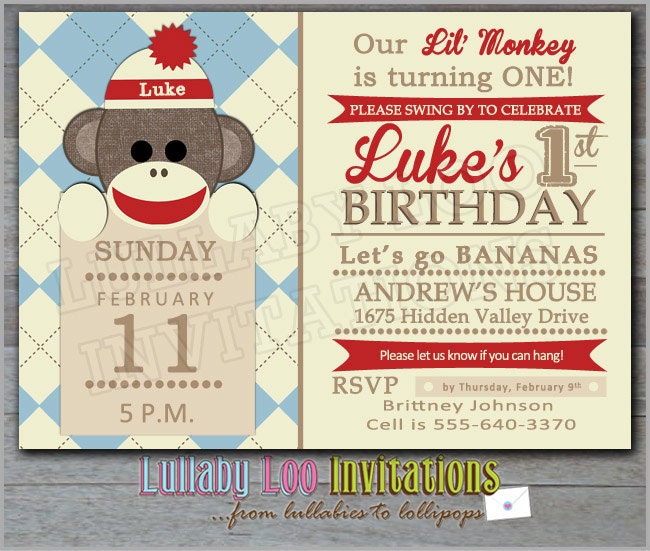 Sock Monkey Birthday Invitations: Product No. 138 -  Blue Argyle - Sock Monkey Birthday Party - 12 Printed Invitations