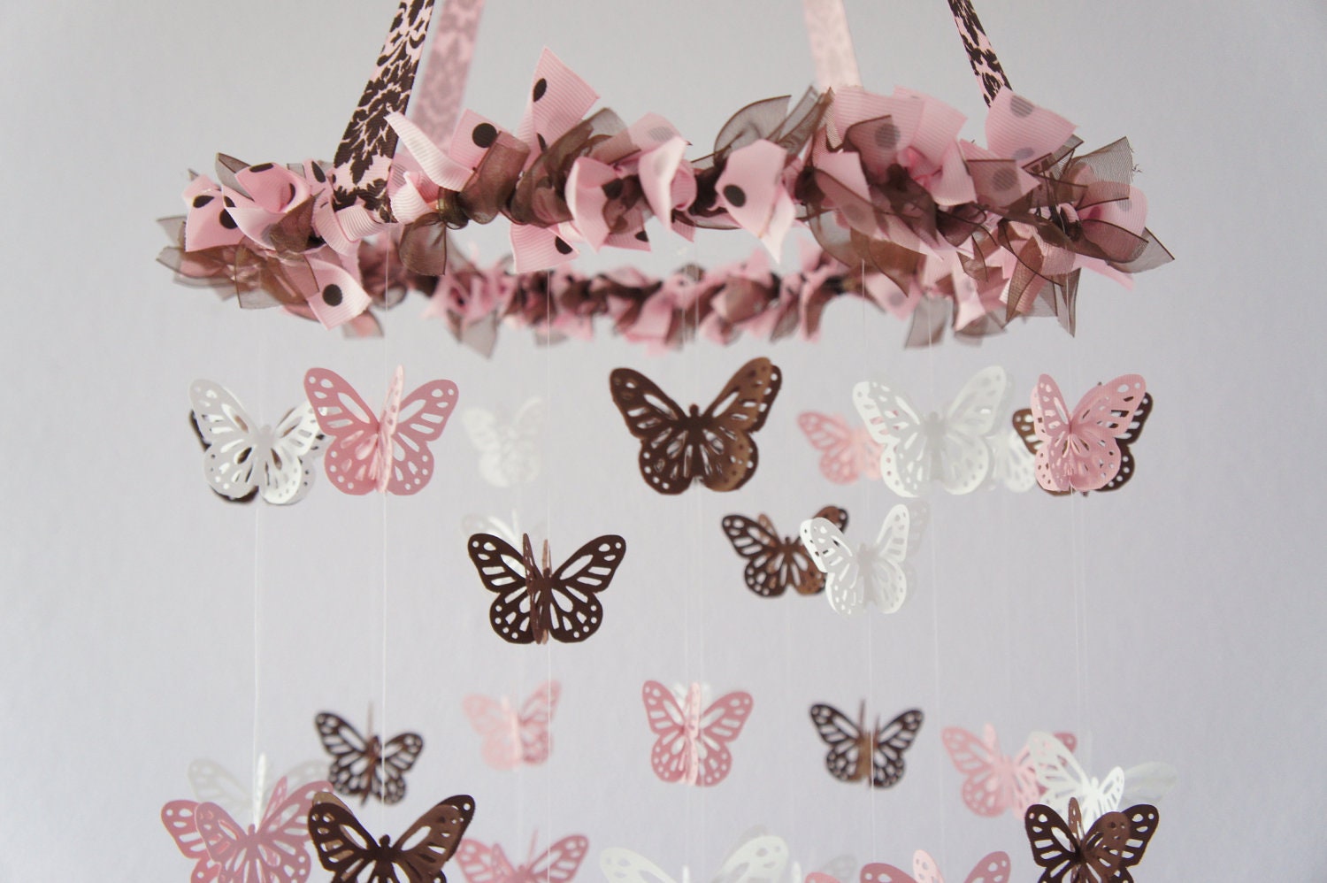 Butterfly Mobile - Pink, Brown and White Nursery Mobile, Baby Shower Gift, Photographer Prop