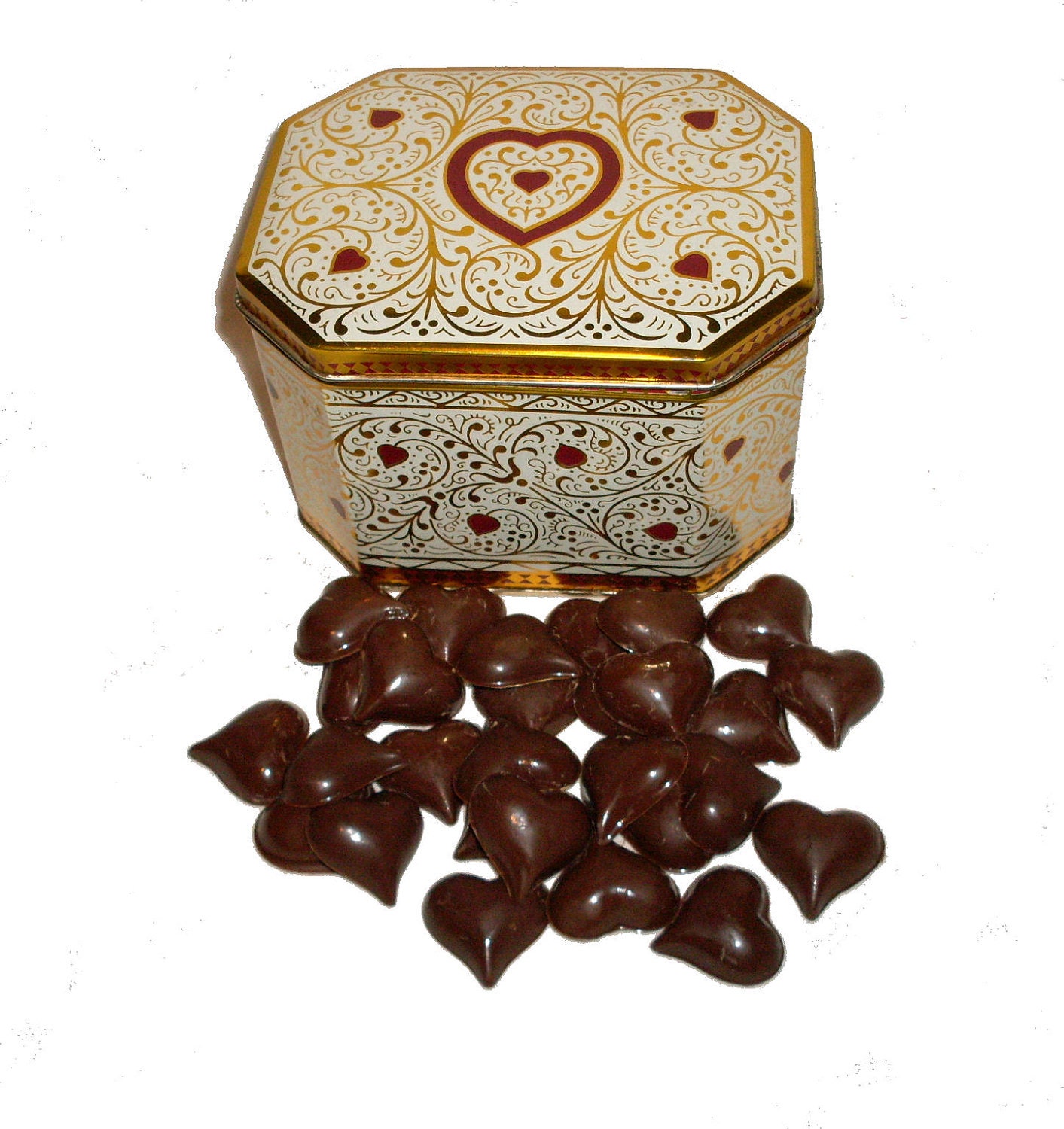 Red Heart Gold Vine Tin Box (Upcycled) Filled With Flavored Ghirardelli Chocolate Candy
