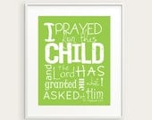 Christian Typography Print, Bible Nursery Decor, 1 Samuel 1:27 "I Prayed for this Child", Any Color 8x10, Adoption or Fertility Gift