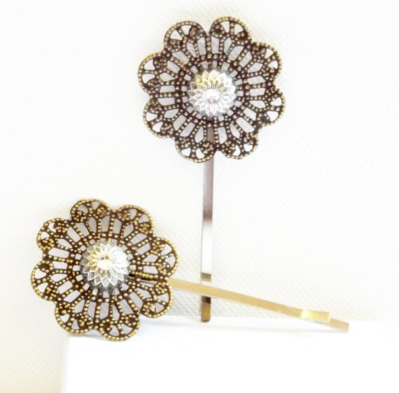 Handmade Bobby Pin Set            Antique Bronze Filigree  Vintage Style Hair Pins