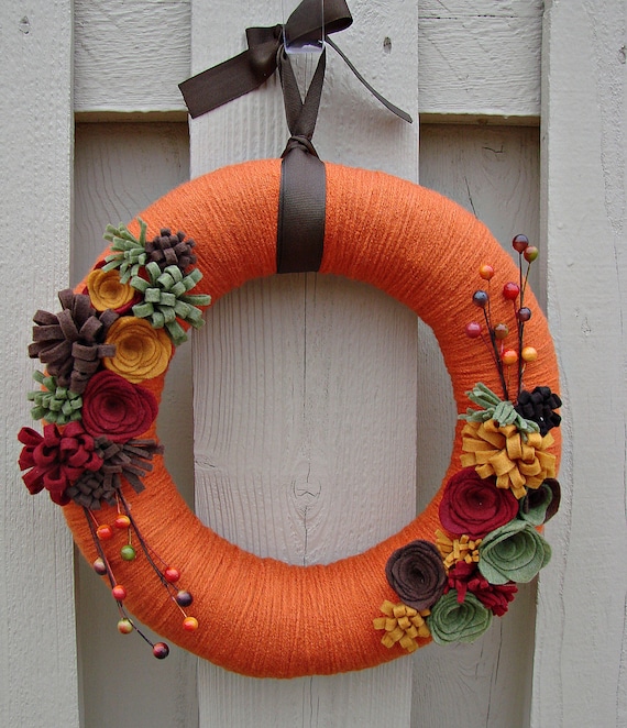 Burnt orange yarn wrapped wreath sage green, maroon, brown and gold